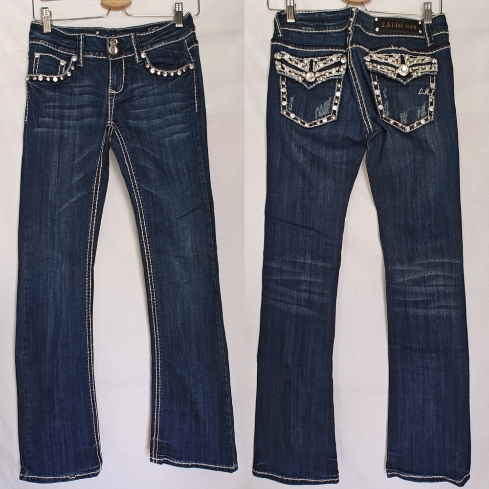 L.A Idol USA Embellished Jeans Boot cut Thick Stitch Size 5 Dark Wash Rhinestone
